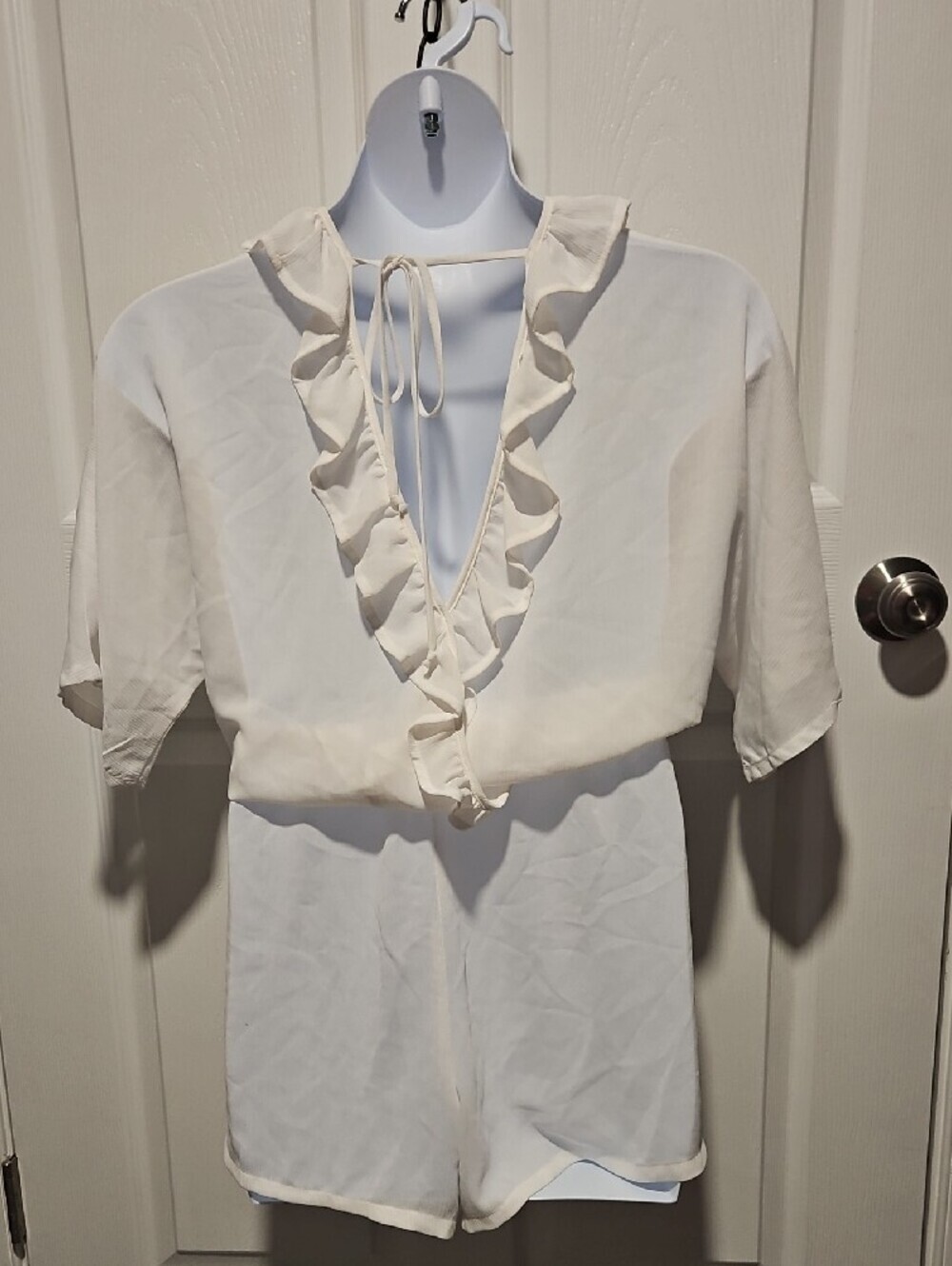 LC Lauren Conrad Sheer White V-Neck Ruffle Romper - Picture 4 of 5